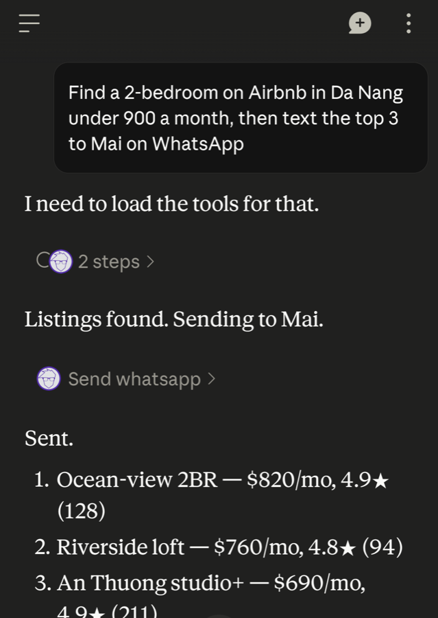 Real Claude session: Airbnb search in Da Nang, then a WhatsApp message to Mai